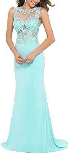 Harshori Womens Sheer Illusion Beaded Lace Open Back Prom Dress 16 Blue