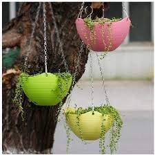 Greenport Plain Color Round Plastic Hanging Planter Flower Pot with Metal Chain for Home and Garden Indoor Plant (Multicolor) 3 Pcs
