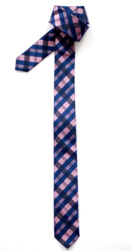 Retreez Tartan Check Patterns Woven Microfiber Skinny Tie - Pink and Blue