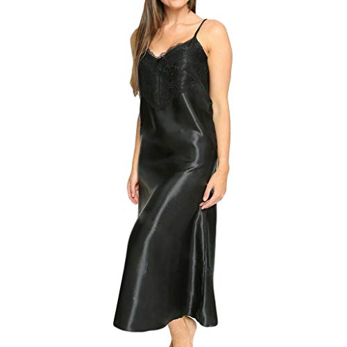 Womens Sleepwear Silk Pajamas Lace Patchwork Nightgown Full Slips Sexy Sling Sleep Dress Black