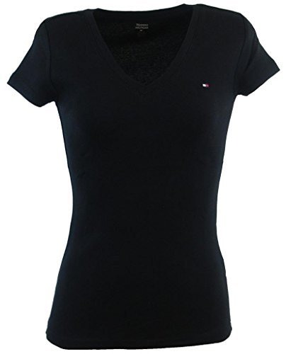 Tommy Hilfiger Womens V-Neck Solid Color Logo T-Shirt - XL - Black