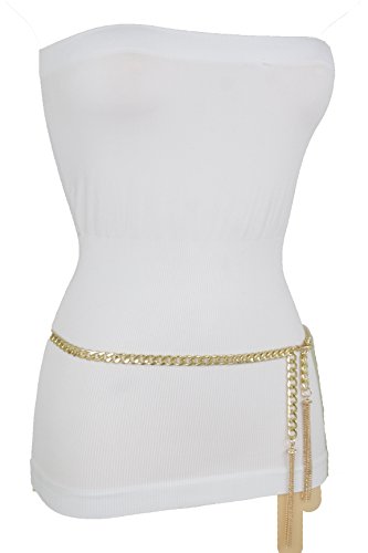 TFJ Women Fashion Belt Skinny Metal Chain Fringes Wrap Around Plus M L Gold