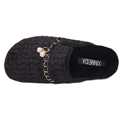 Women\'s chain plush slippers Artificial fur sandals Closed toe cork flat shoes Suitable for indoor and outdoor