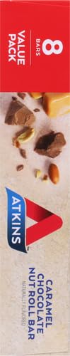 ATKINS CARAMEL CHOCOLATE NUT ROLL SNACK BAR, PROTEIN SNACK, HIGH IN FIBER, 2G SUGAR, 8 COUNT