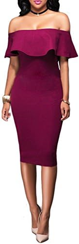 Bodycon Dress- Women Sexy Off Shoulder Ruffle Black Dress For Party, Slim Fit Stretch Cocktail Dress With S-XL (XXL, red)