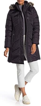london fog faux fur trim hooded zip puffer down jacket