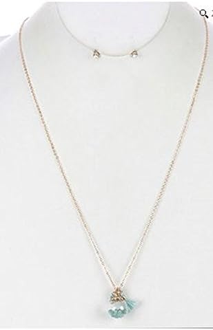 Gold Tone Blue-Green Snowglobe Tassel Necklace. 28" Long.