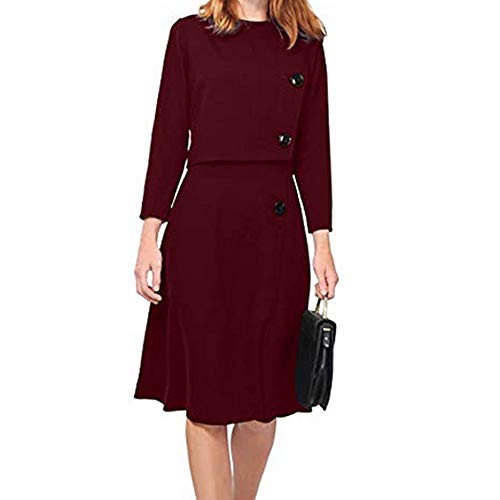 Clearance!HOSOME Women Knee-Length Top Women's Autumn Fashion Solid O-Neck Ｗrist Sleeve Button Skirt Suit - Thumbnail 4