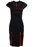 Black Kick Pleat Double Button Red Trim Pinup 1950s Rockabilly Pencil Women's Dress
