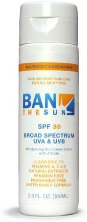 Ban The Sun Skin Care SPF 30 Daily Use Broad Spectrum Moisturizing Face and Body Sunscreen with Clear Zinc 3.3 oz. | Antioxidants, Vitamins A &amp; E, Botanical Extracts, Water-based, All Skin Types