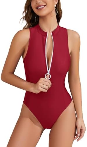 Aidonger Women's Athletic Rash Guard One Piece Swimsuit Zipper