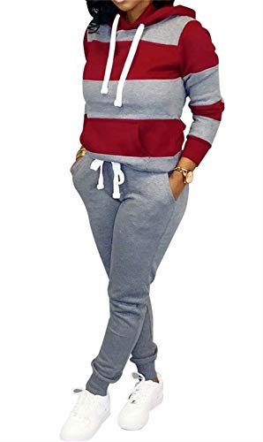 Women 2 Piece Sport Outfit Set Striped Long Sleeve Hoodie Sweatshirt Bodycon Pants Tracksuits Grey