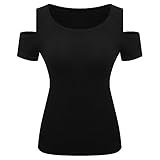 Womens Cut Out Cold Shoulder Top Short Sleeve Round Neck Fitted Tee Shirt Blouse