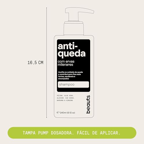 Shampoo Antiqueda com Babosa (Aloe Vera), Alecrim, Jaborandi, Rícino e Ginseng – Auxilia no Cuidado da Queda e no Fortalecimento Capilar – Vegano – 240 mL – Beauts