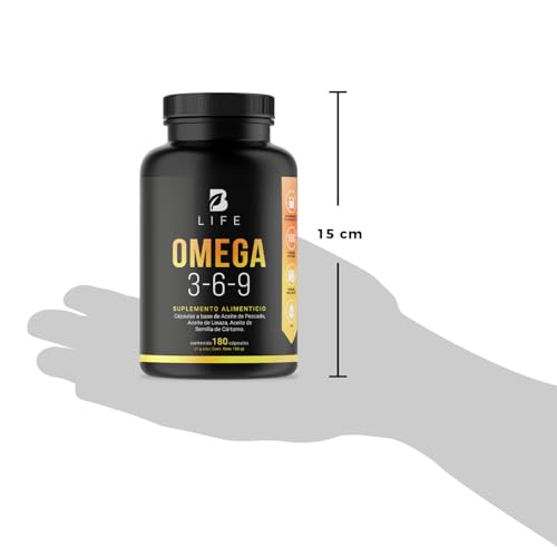 B Life Omega 3-6-9 con 180 Cápsulas | Concentración de EPA y DHA | 1000 mg con Aceite de Pescado, Linaza y Cártamo | Mezcla Completa de Ácidos Grasos Esenciales.