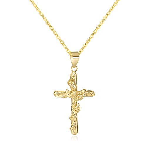 Lateefah Rose Flower Cross Pendant Necklace-14k Gold Plated Simple Religious Charm with Engraved Rose Adjustable Crucifix Cross Pendant Necklace for Women