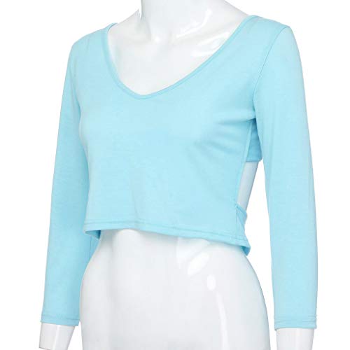 Respctfu l✿ Women Summer Short Sleeve Sexy Deep-Neck Slim Tunic Top Sexp Open Backless Criss Cross T-Shirt for Leggings Light Blue