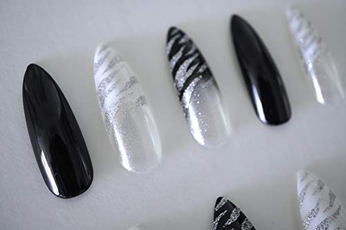 EDA LUXURY BEAUTY SILVER WHITE BLACK ANIMAL PRINT FRENCH GLAMOROUS DESIGN Full Cover Press On Artificial Tips Acrylic False Nails Extra Long Pointed Ballerina Almond Stiletto Super Fashion Fake Nails 4 EDA LUXURY BEAUTY SILVER WHITE BLACK ANIMAL PRINT FRENCH GLAMOROUS DESIGN Full Cover Press On Artificial Tips Acrylic False Nails Extra Long Pointed Ballerina Almond Stiletto Super Fashion Fake Nails