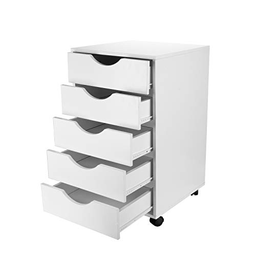 eMerit 5 Drawer Wood File Cabinet Roll Cart Drawer for Office Organization White