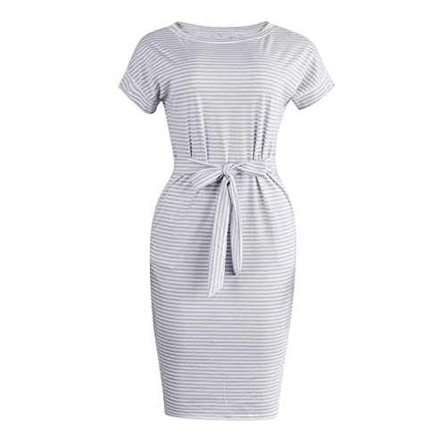 ylioge Summer Dresses for Women 2022 Striped T Shirt Dresses Wrap Midi Dress Casual Tie Waist Sundress with Pockets