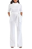 KISSMODA Casual Lapel Wide Leg Long Jumpsuits Rompers with Half Sleeve Clubwear White X-Large