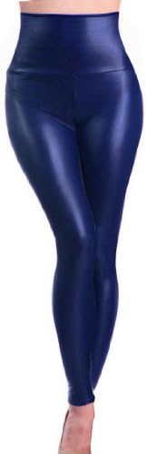 Women High Waist Faux Leather Legging-M-NavyBlue
