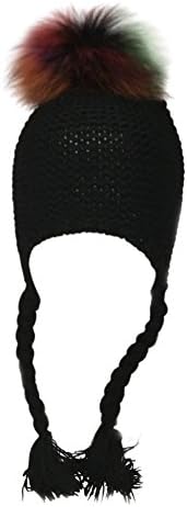 Childrens Unisex Outdoor Warm Stylish Winter Beanie Hat With Detacahable Pom Pom - Made With Real Fur - Black Rainbow Pom Pom