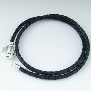 Hoobeads Jewelry Black Leather Champagne Bracelet 925 Sterling Silver Barrel Clasp Bracelet (15.0 inches)