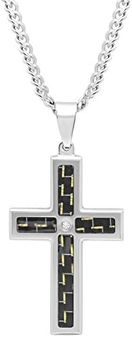 Men’s Stainless Steel Diamond Accent Black Carbon Fiber Inlay Cross Pendant with Curb Chain Necklace, 24”
