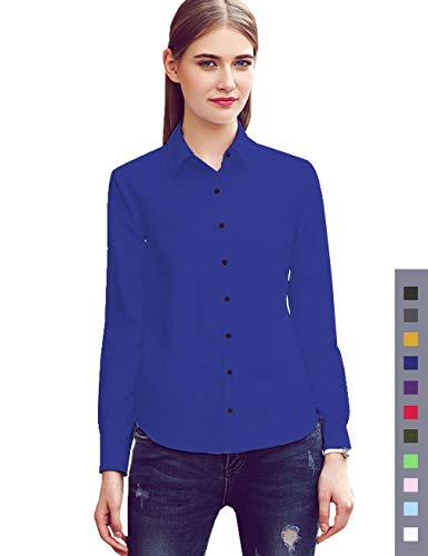 diig Women Dress Shirt - Long Sleeve Cotton Button Down Blouse, Blue 14