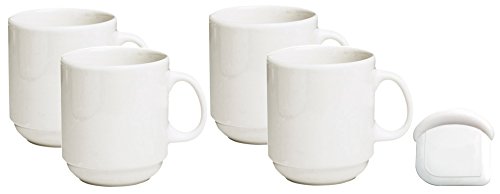 Stackable Ceramic Diner Coffee and Tea Mugs with Pan Scraper, 12 Ounce (4-Pack, White Ivory)