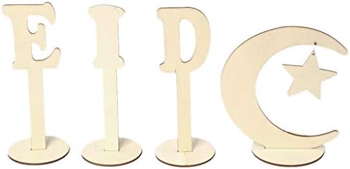 rryilong 4 Pcs/Set Wooden Craft Eid Mubarak Muslim Festival Art Crafts Desk Table Decoration Home Ornament Natural Wood DIY Letter Moon Star Stand Base