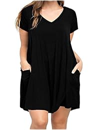 Yskkt - Vestido de verano con cuello en V para mujer, manga corta, bolsillos sueltos, túnica