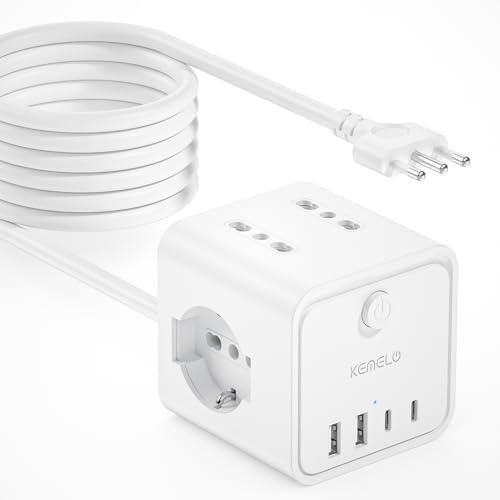 Power Strip with 4 Universal Sockets 10/16A ITA and Schuko, 5 m Electrical Extension Cable with 2 USB A+2 USB C, Multiple Plug Flat Space-Saving with Switches for Home, Office, Black
