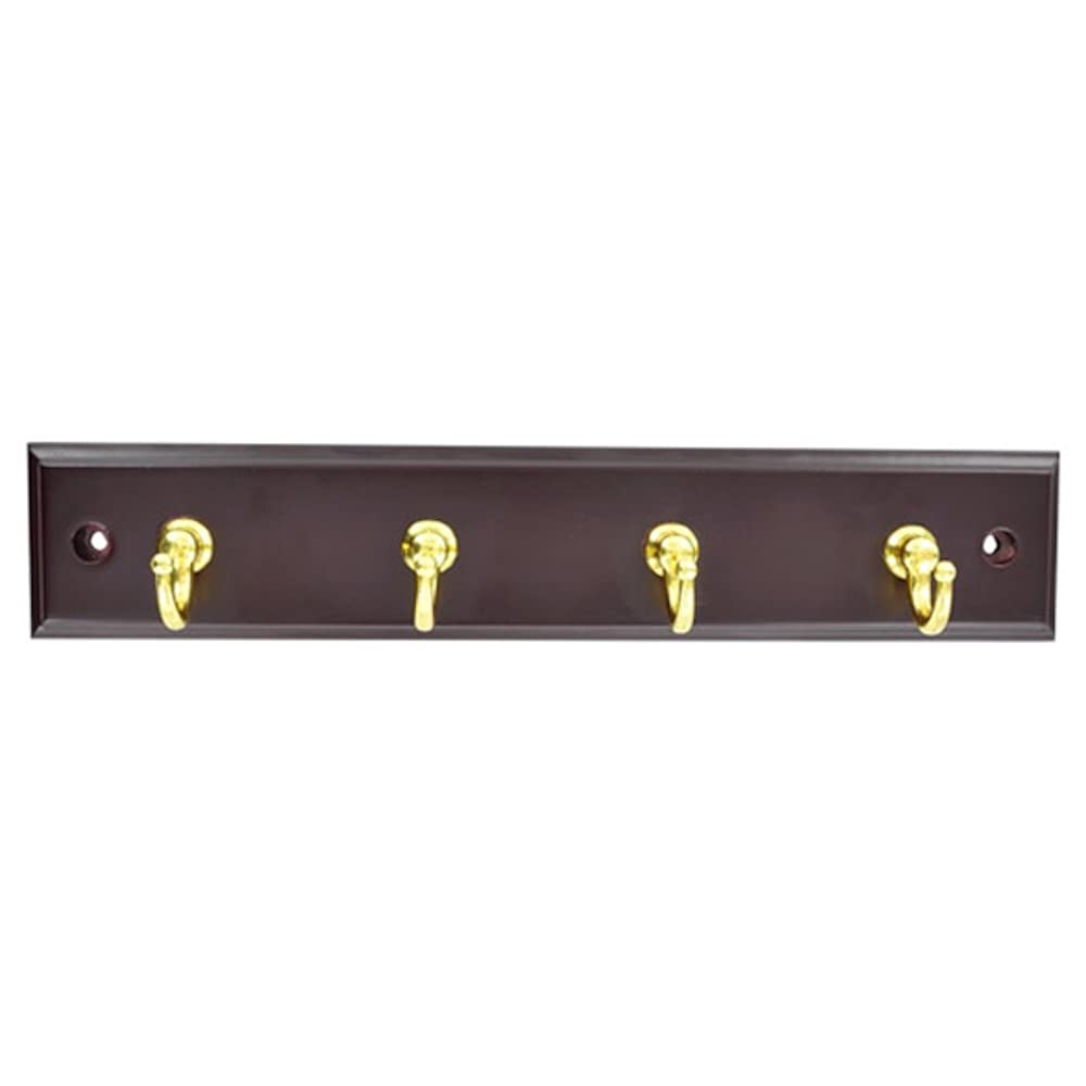 Merriway BH03317 Key Hooks x 4 on Mahogany Rail with Brass Plated Finish