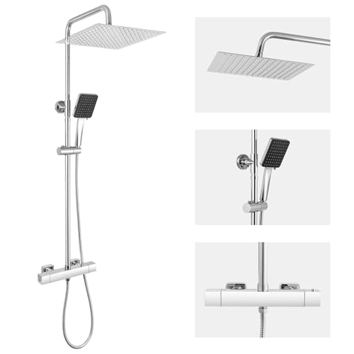 Auralum Chrome Thermostatic Shower Column with Mixer, Complete Set Rainshower 30 cm Stainless Steel, Adjustable Rod 88-124 cm and Hand Shower with 6 Modes of Use, Complete Shower Head