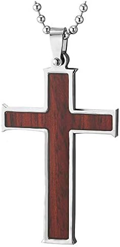 iMECTALII Mens Womens Stainless Steel Wood Cross Pendant Necklace with 30 inches Ball Chain, Inlay Design