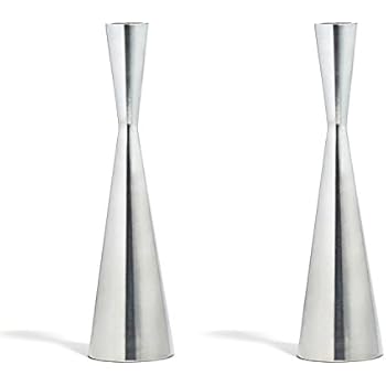 LampLust 2 Silver Finished Taper Candle Holders, 9 Inches, Metal, Hourglass Shape, Fits ALL Standard Candlesticks