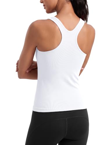 ATTRACO Ribflex Women Seamless Yoga Tank Tops with Built in Bra White L at Amazon