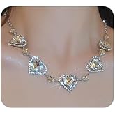 Jumwrit Rhinestone Necklace Love Heart Pendant Necklace Silver Chain Choker Necklace Sparkle Rhinestone Necklace for Women