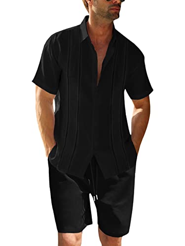 Men's Linen 2 Piece Set Regular Fit Button Down Beach Shirt and Shorts Sleeve Summer Clothes
