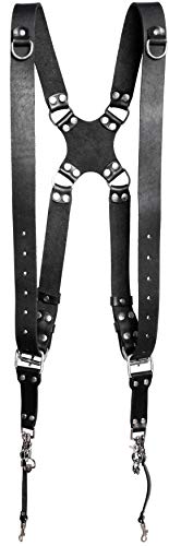 Camera Strap Accessories for Two-Cameras â€“ Dual Shoulder Leather Harness â€“ Multi Camera Gear for DSLR/SLRÂ Black