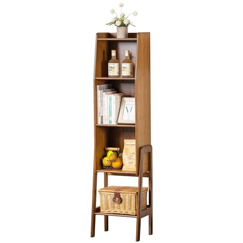 Welnow Bamboo Bookcase with Cabinet, Natural End Table with 3-Tier Storage Shelf, Modern Bedside Organizer Side Table for Bedroom or Living Room, Walnut Bookshelf with Open Space