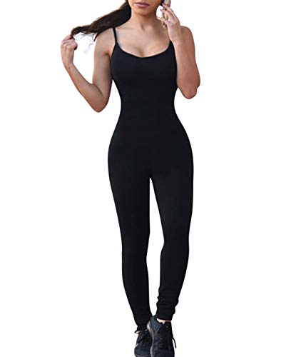 Women Bodysuit Romper Jumpsuits One Piece Body Full Suit Strap Tank with Long Pants Leggings Bodycon Sexy Tight Playsuit (Black Bodysuit Pants, M)