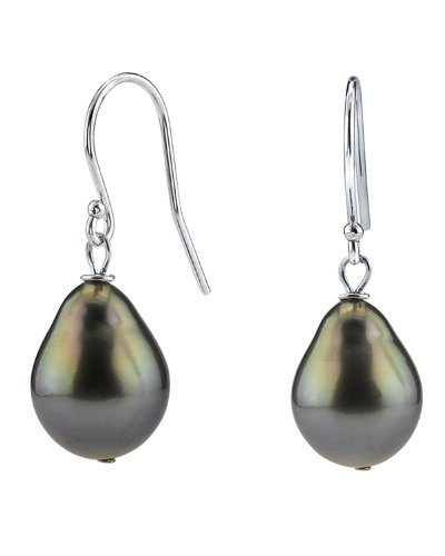 THE PEARL SOURCE 14K Gold 9-10mm Baroque Black Tahitian Cultured Pearl Dangling Tincup Earrings for Women