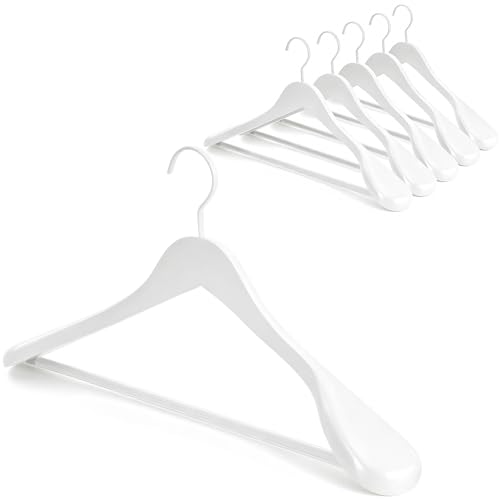 TOPIA HANGER CT02W Kleiderbügel aus Holz, glänzend, mit extra breiten Schultern, dickere, weiße Haken und Anti-Rutsch-Stange, geeignet für Mantel, Anz