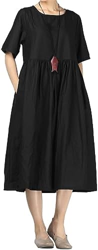 Long Sleeve Dress for Woman Cotton Linen Ankle-Length Summer Vintage Solid Color V-Neck Length Dress for Leisure Loose Dress at Amazon Women's Clothing store
