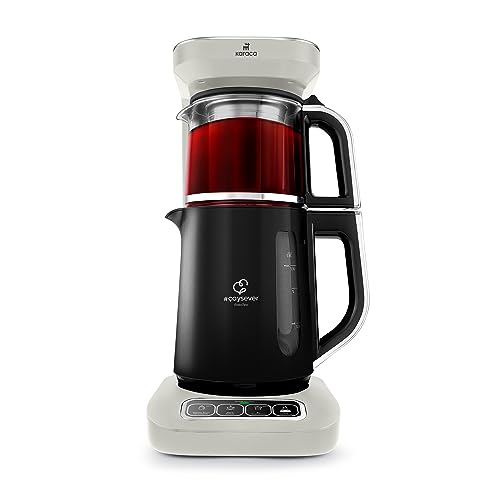 Karaca Çaysever Robotea Pro 4 en 1 - Maquina de Te Automatica, Cafetera de Goteo y Hervidor de Agua - 2500W con Cuerpo de Cristal y Funcion de Voz - Gris Estelar