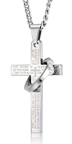 FIBO STEEL Stainless Steel Mens Womens Cross Necklace Bible Pendant, 24 inches Silver-tone