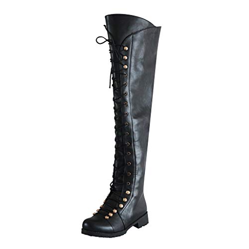 TnaIolral Outdoor Boots Women's Classic Round Toe Low-Heeled Lace-Up Western Knight Shoes (US:9, Black) - Thumbnail 5